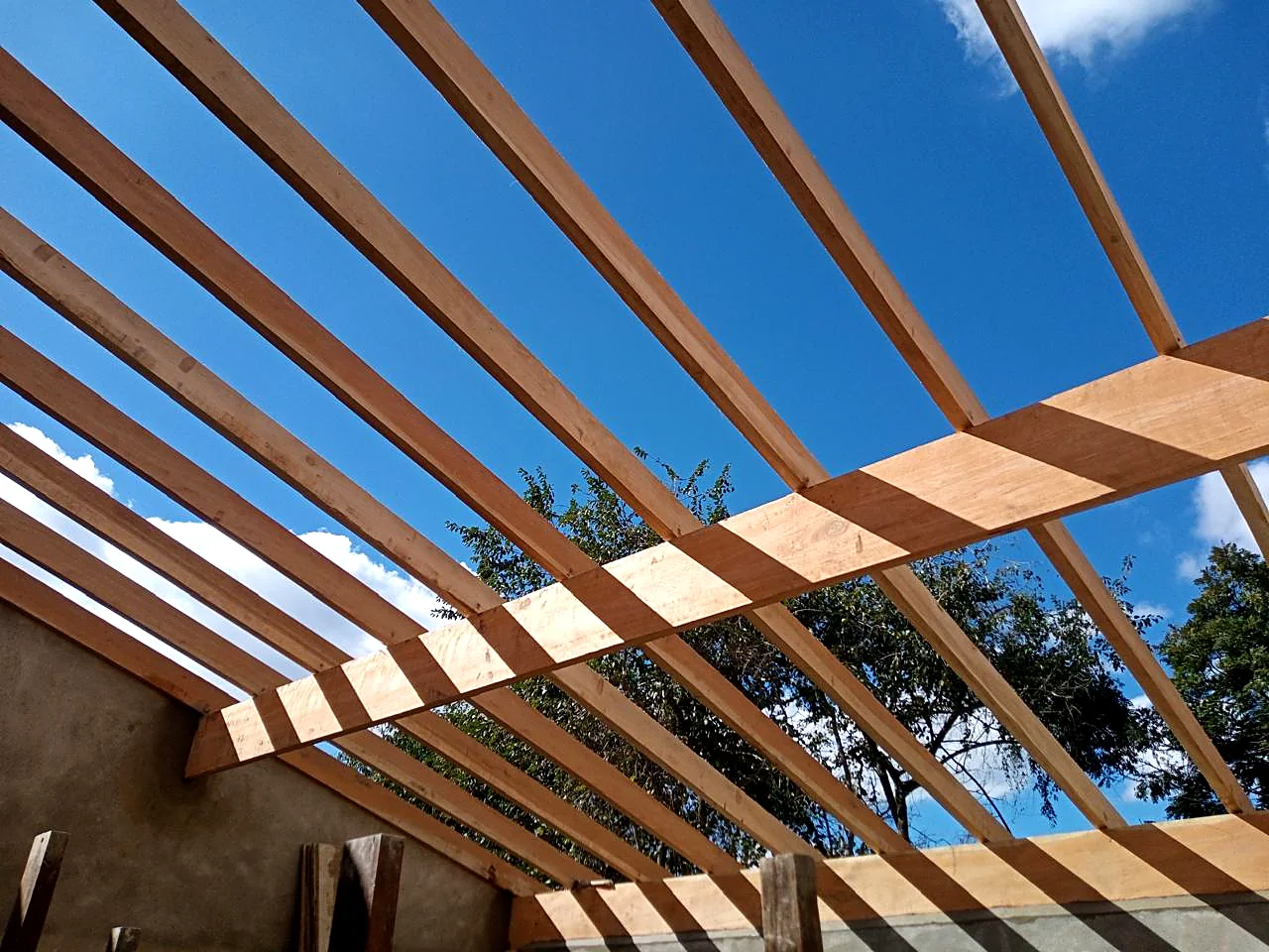 Estrutura de madeiramento de telhado executada com espaçamento conform Estrutura de madeiramento de telhado executada com espaçamento conforme projeto